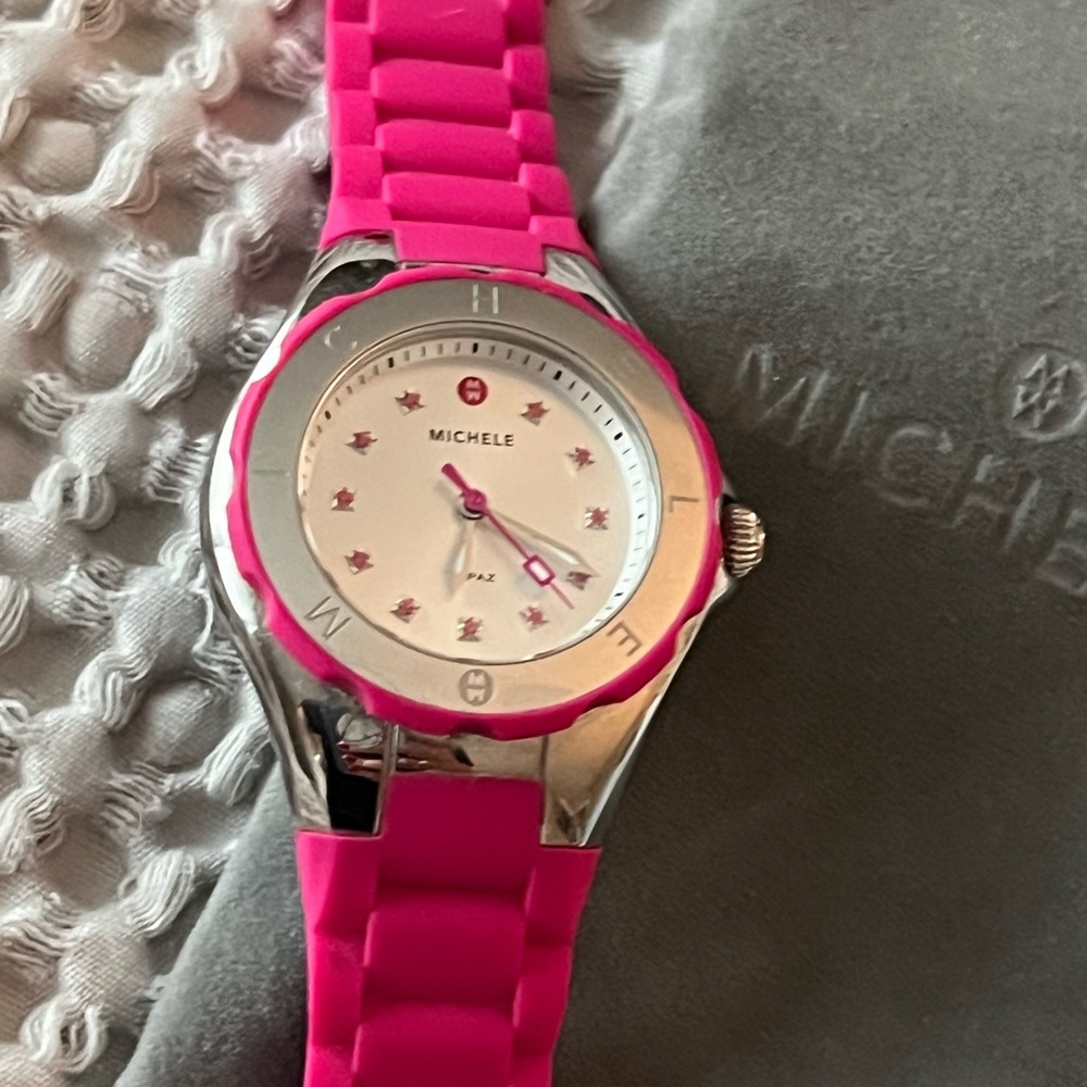 MICHELE jelly bean pink quartz watch, needs battery.   Works perfectly.